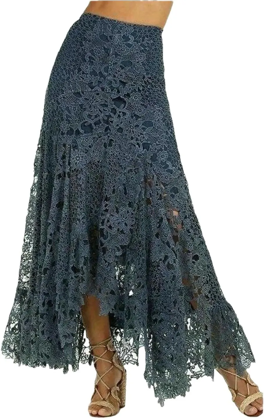 Women Lace Asymmetrical Skirt Vintage Boho High Waist Hollow Mesh Patchwork Layered Maxi Skirts
