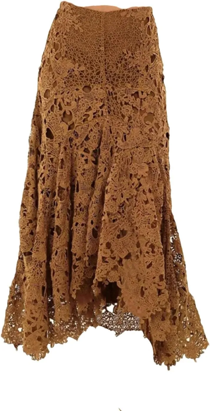 Women Lace Asymmetrical Skirt Vintage Boho High Waist Hollow Mesh Patchwork Layered Maxi Skirts