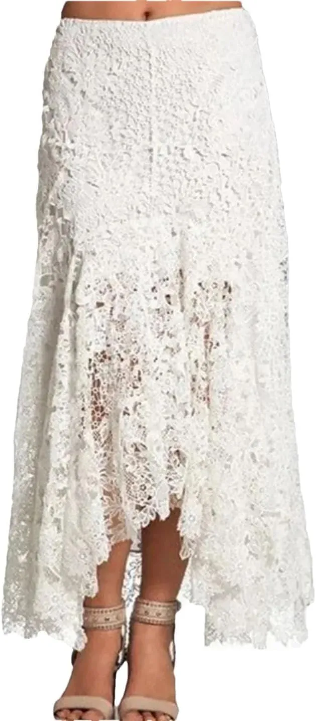 Women Lace Asymmetrical Skirt Vintage Boho High Waist Hollow Mesh Patchwork Layered Maxi Skirts