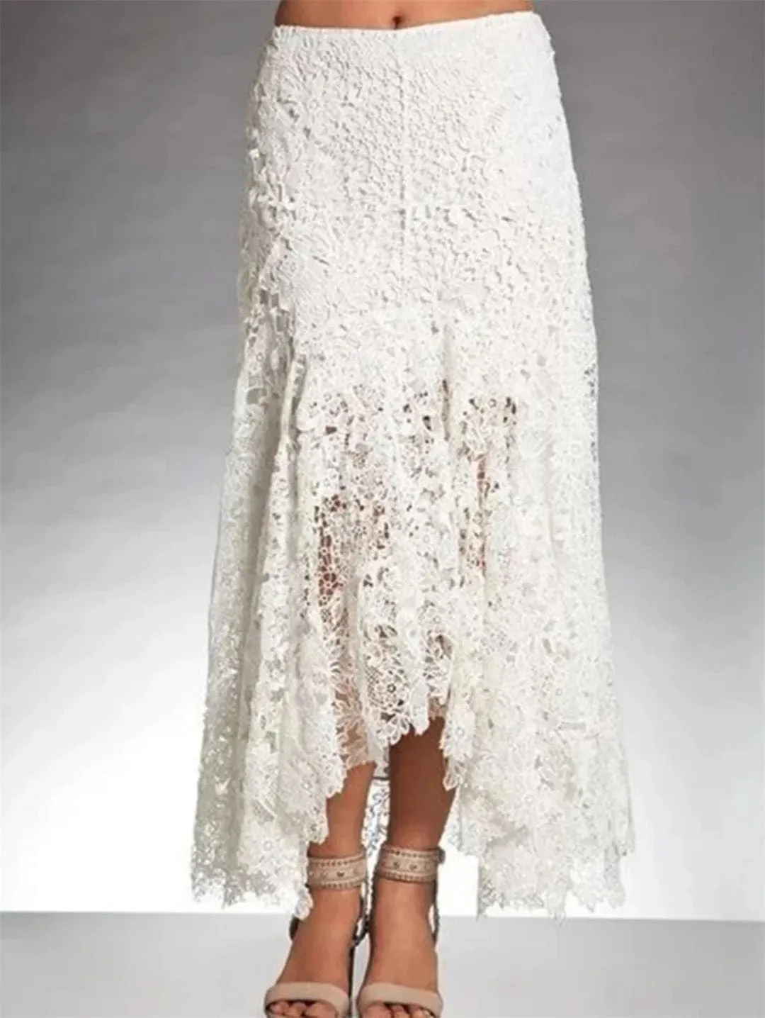 Women Lace Asymmetrical Skirt Vintage Boho High Waist Hollow Mesh Patchwork Layered Maxi Skirts