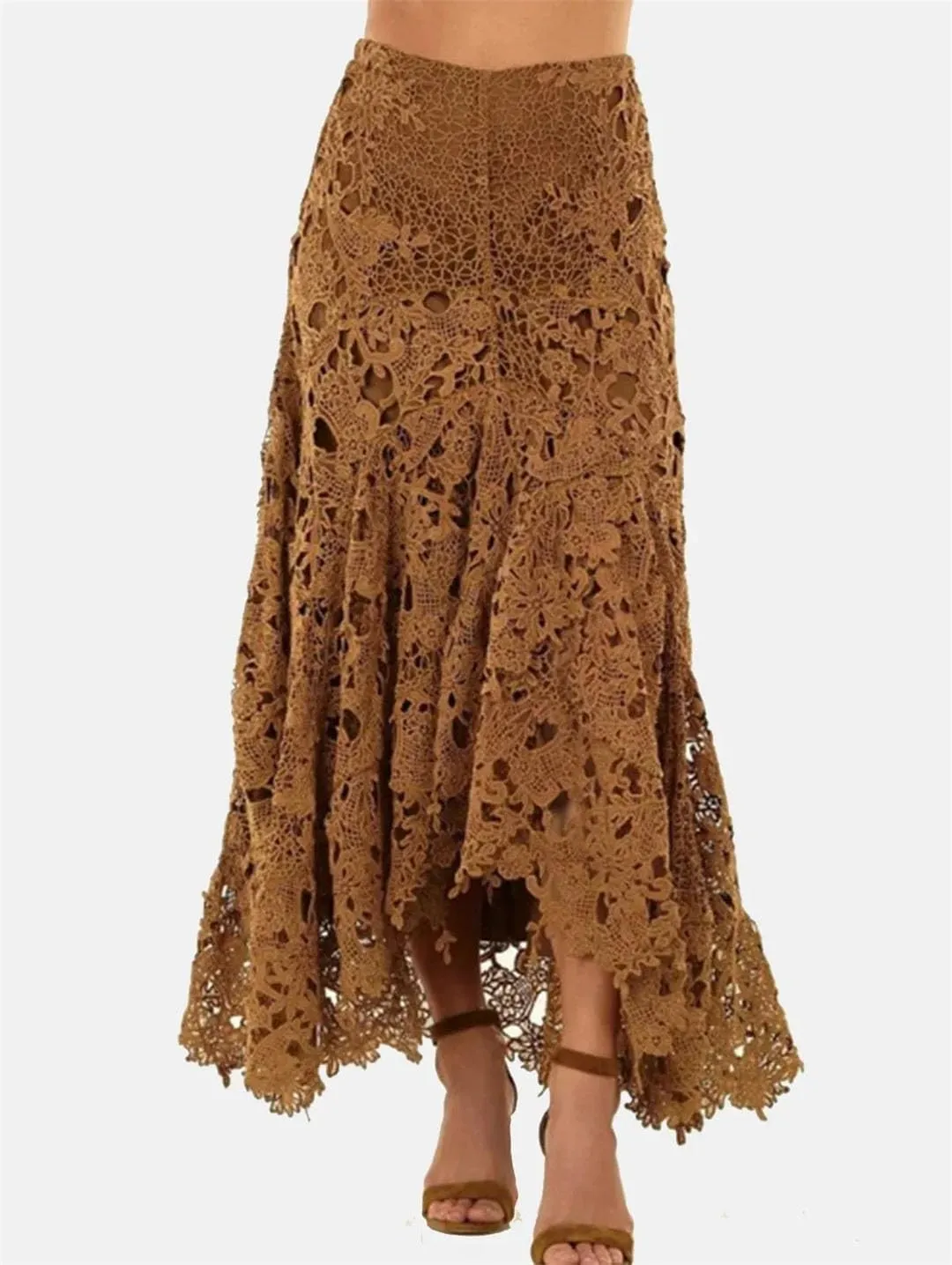 Women Lace Asymmetrical Skirt Vintage Boho High Waist Hollow Mesh Patchwork Layered Maxi Skirts