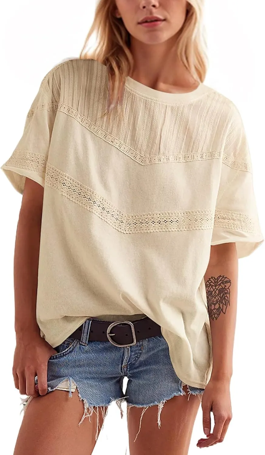 Women Lace Patchwork Short Sleeve T Shirt Tops Oversized Crew Neck Solid Casual Tee Shirts Summer Top Streetwear