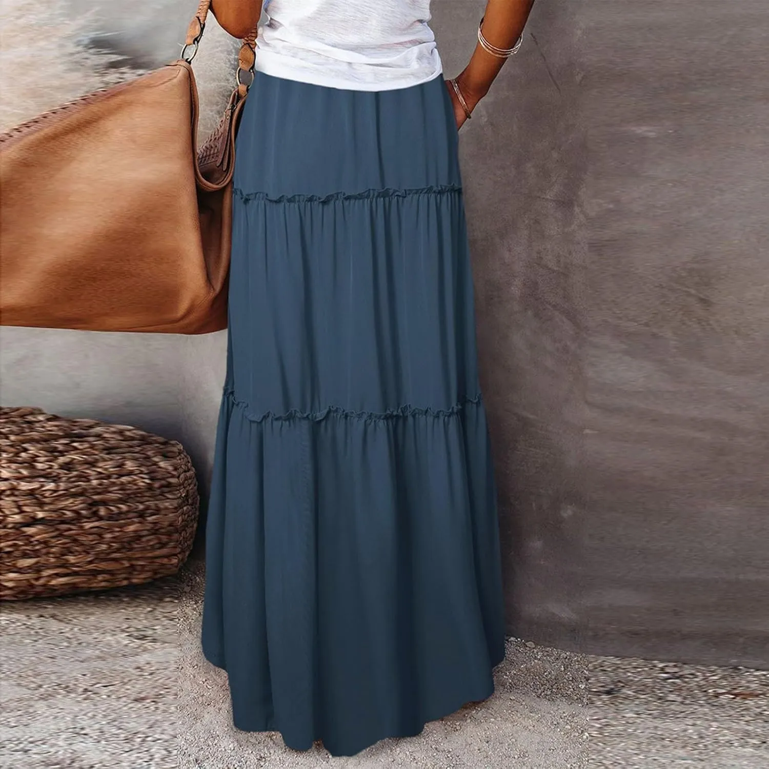 Women's Boho Maxi Skirt Casual Summer Tie Elastic High Waisted Long Skirts Flowy Ruffle Pleated Skirts with Pockets