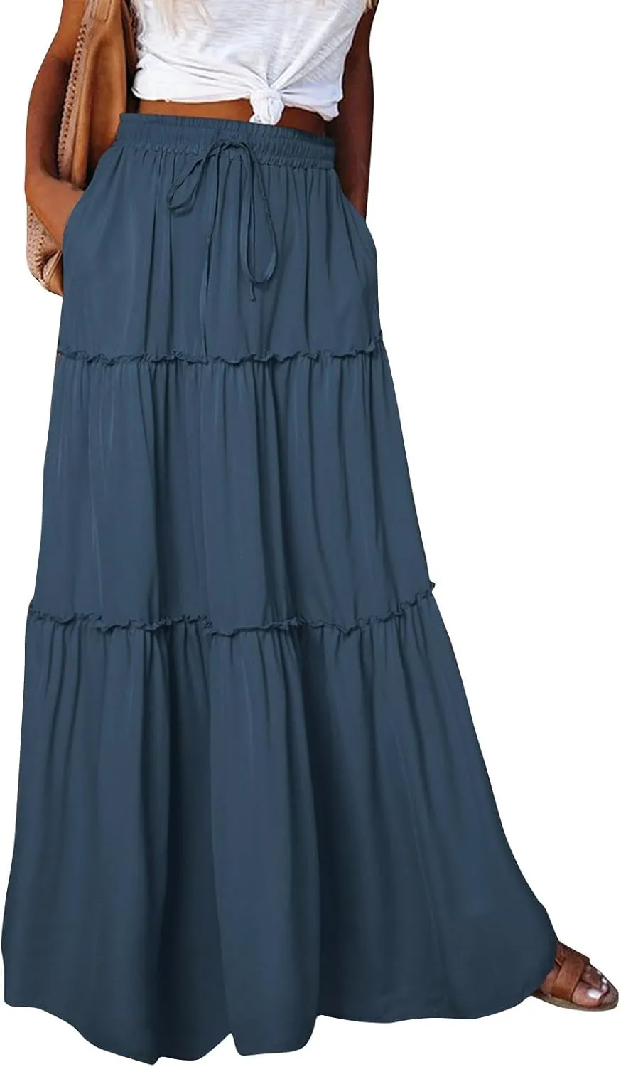 Women's Boho Maxi Skirt Casual Summer Tie Elastic High Waisted Long Skirts Flowy Ruffle Pleated Skirts with Pockets