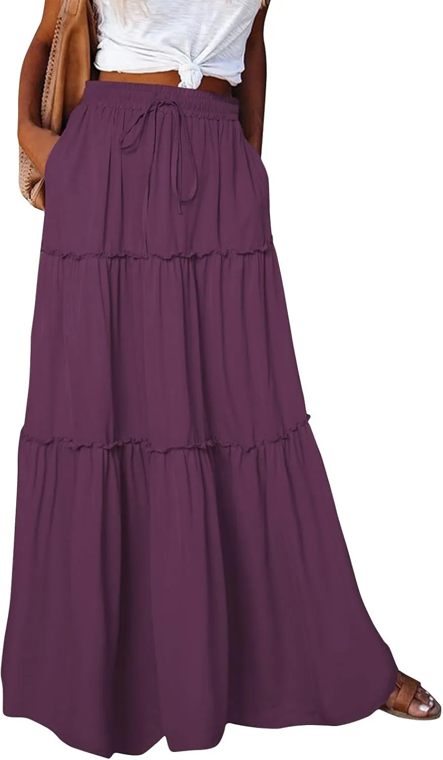 Women's Boho Maxi Skirt Casual Summer Tie Elastic High Waisted Long Skirts Flowy Ruffle Pleated Skirts with Pockets