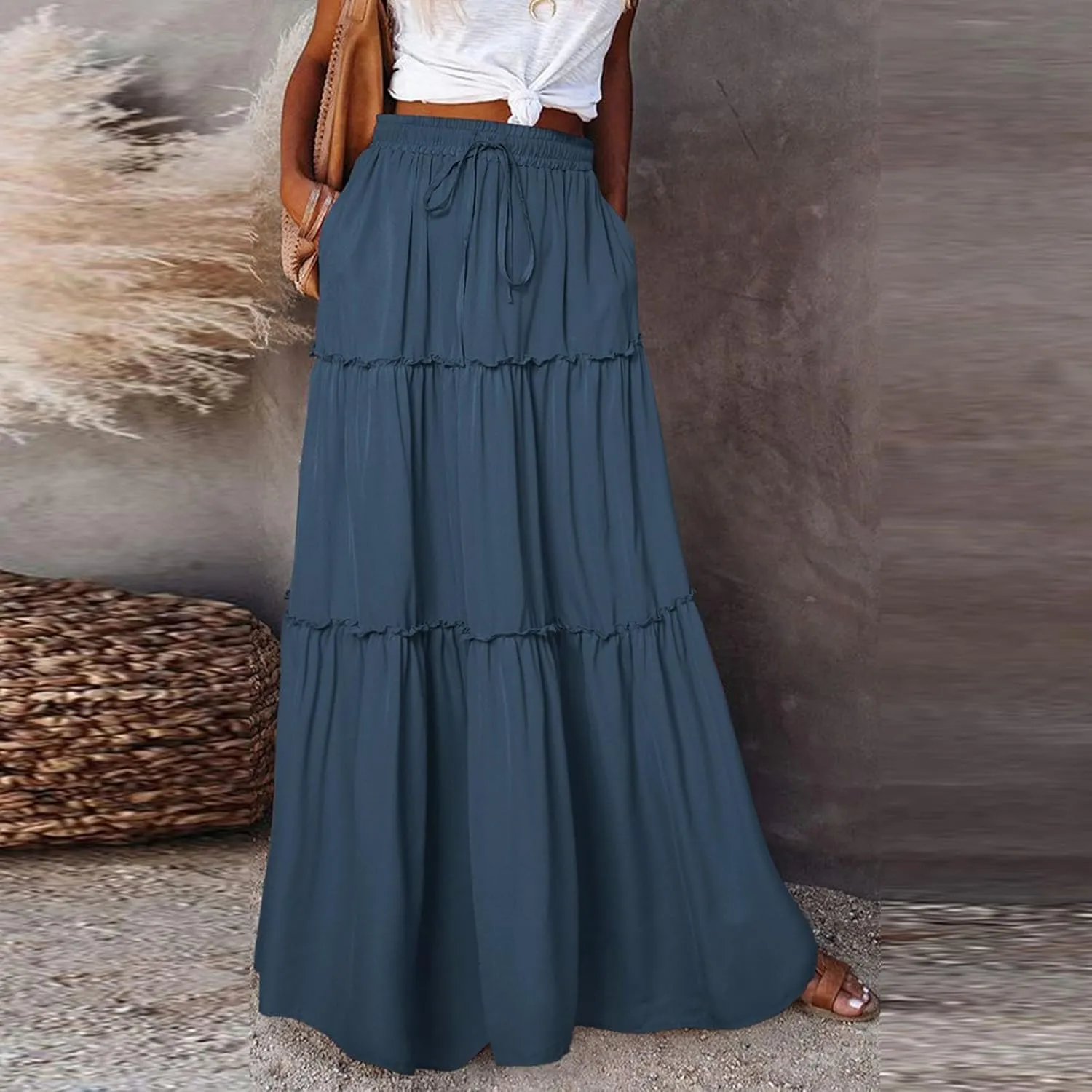 Women's Boho Maxi Skirt Casual Summer Tie Elastic High Waisted Long Skirts Flowy Ruffle Pleated Skirts with Pockets