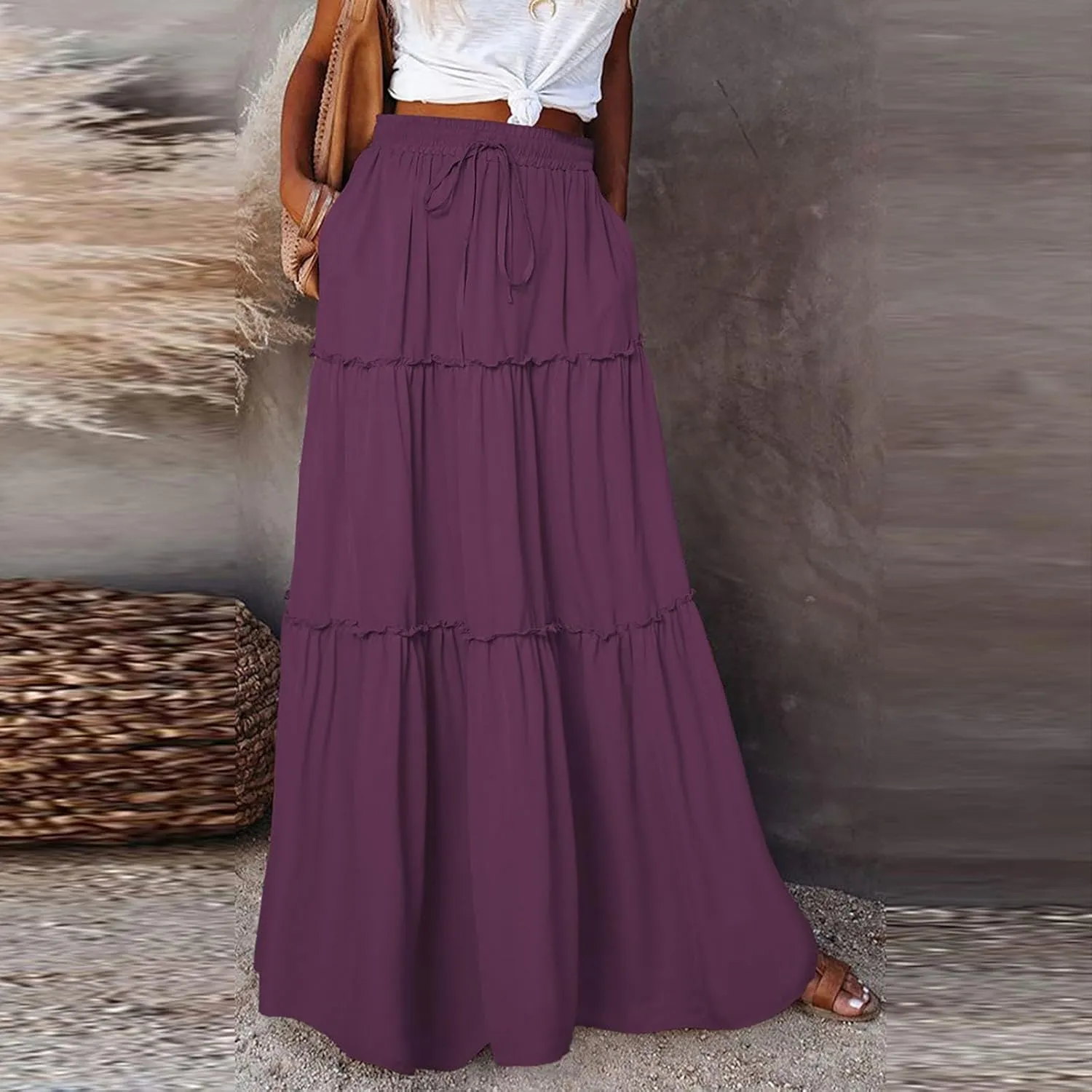 Women's Boho Maxi Skirt Casual Summer Tie Elastic High Waisted Long Skirts Flowy Ruffle Pleated Skirts with Pockets