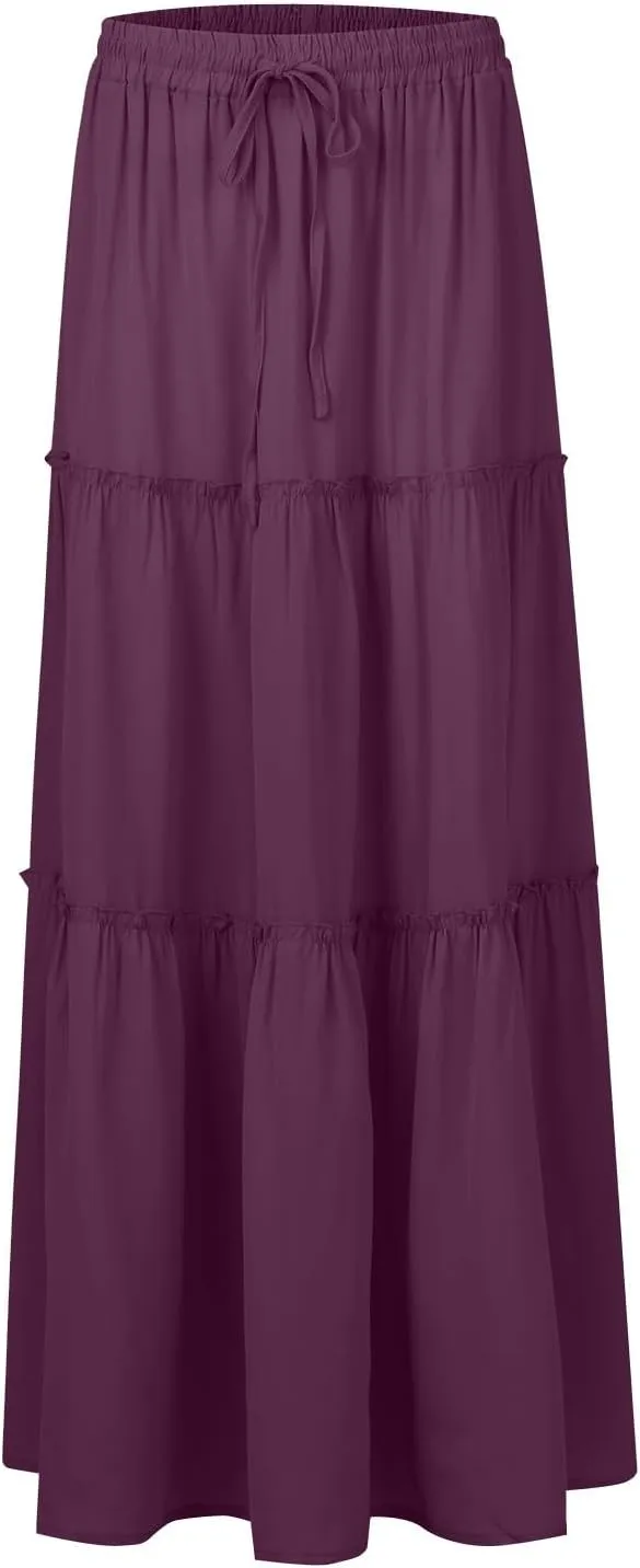 Women's Boho Maxi Skirt Casual Summer Tie Elastic High Waisted Long Skirts Flowy Ruffle Pleated Skirts with Pockets