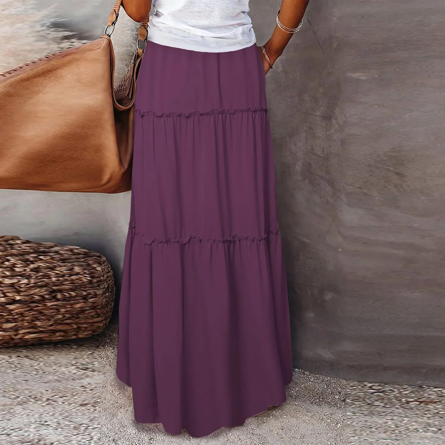 Women's Boho Maxi Skirt Casual Summer Tie Elastic High Waisted Long Skirts Flowy Ruffle Pleated Skirts with Pockets