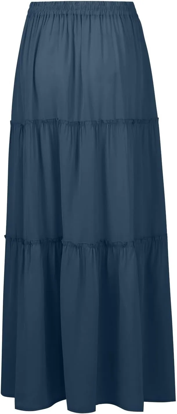 Women's Boho Maxi Skirt Casual Summer Tie Elastic High Waisted Long Skirts Flowy Ruffle Pleated Skirts with Pockets