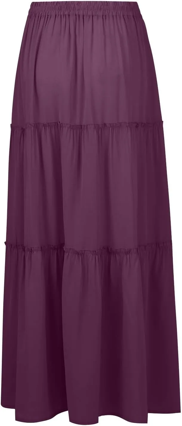 Women's Boho Maxi Skirt Casual Summer Tie Elastic High Waisted Long Skirts Flowy Ruffle Pleated Skirts with Pockets