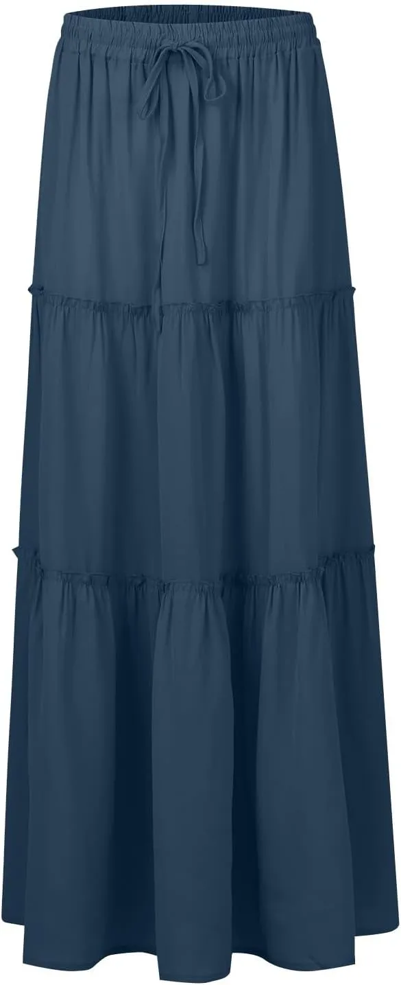 Women's Boho Maxi Skirt Casual Summer Tie Elastic High Waisted Long Skirts Flowy Ruffle Pleated Skirts with Pockets