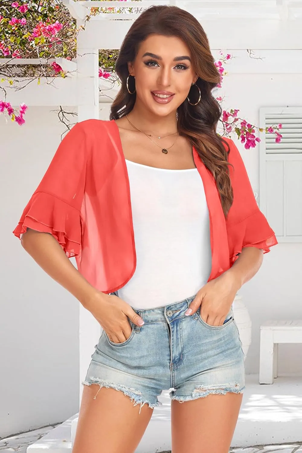 Women's Cardigan Bolero Shrug Ruffle Short Sleeve Open Front Loose Sheer Jackets for Tops