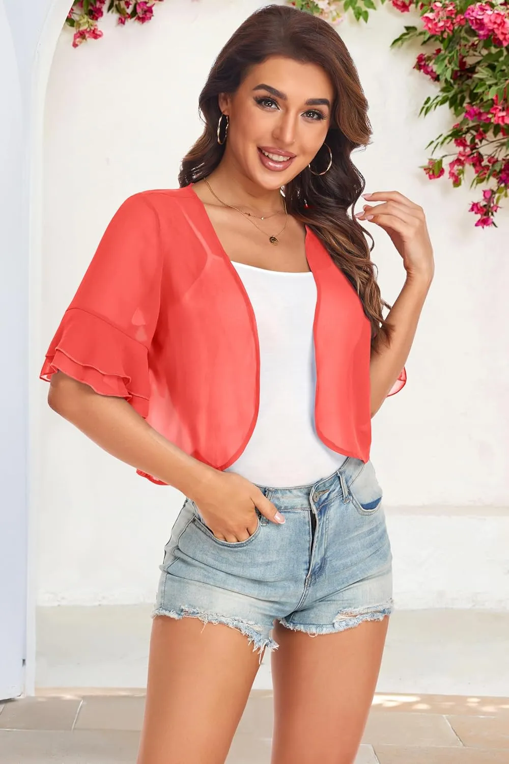 Women's Cardigan Bolero Shrug Ruffle Short Sleeve Open Front Loose Sheer Jackets for Tops