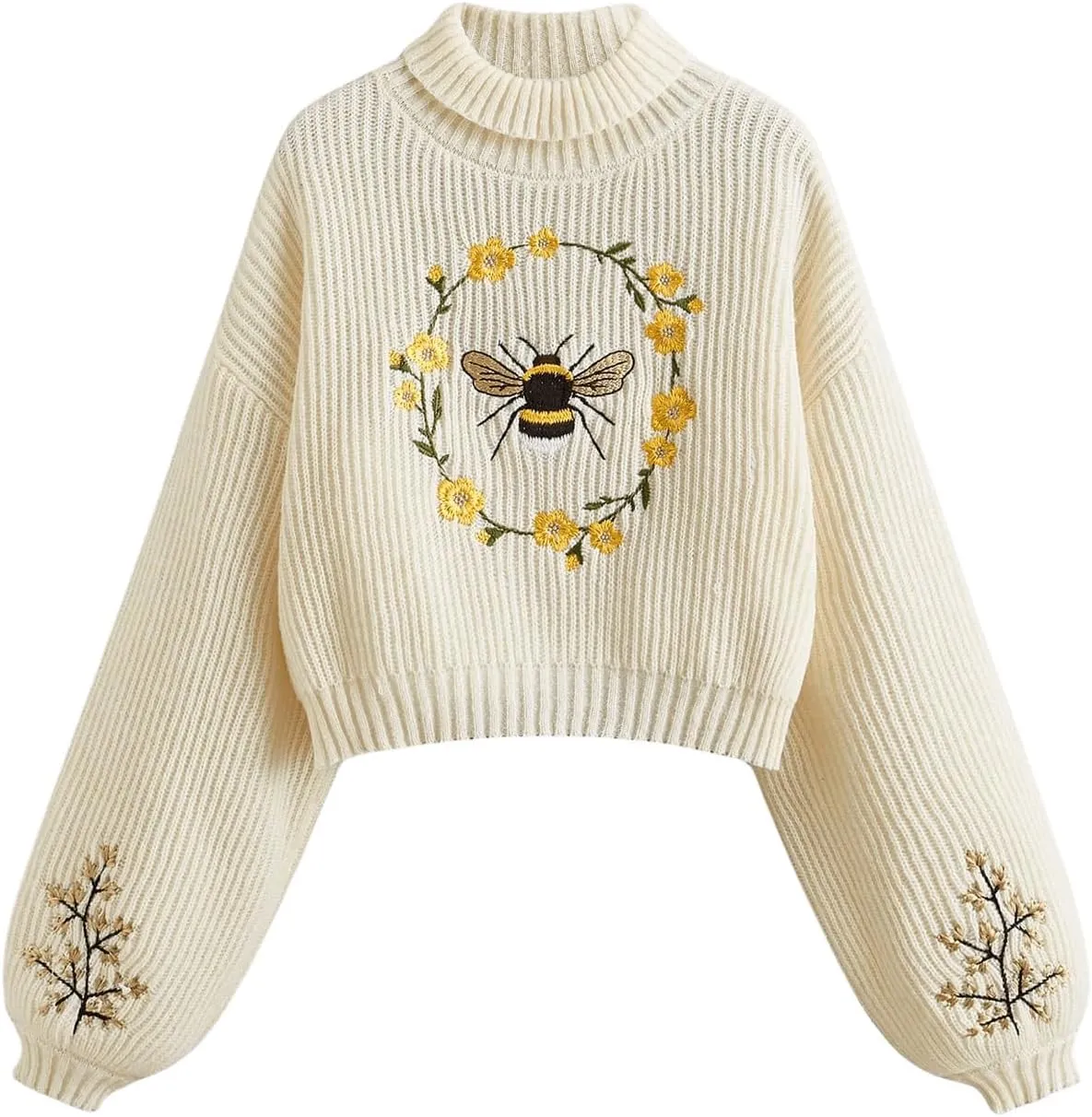 Women's Floral Embroidered Drop Shoulder Crop Sweaters Long Sleeve Turtleneck Knit Pullover