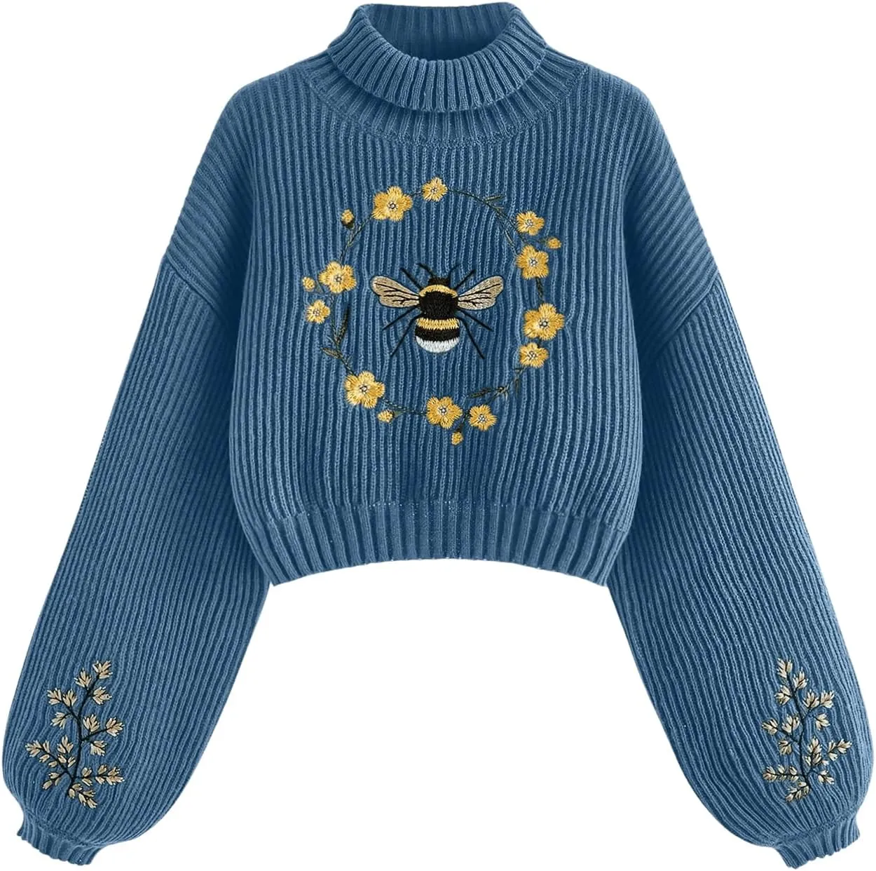 Women's Floral Embroidered Drop Shoulder Crop Sweaters Long Sleeve Turtleneck Knit Pullover