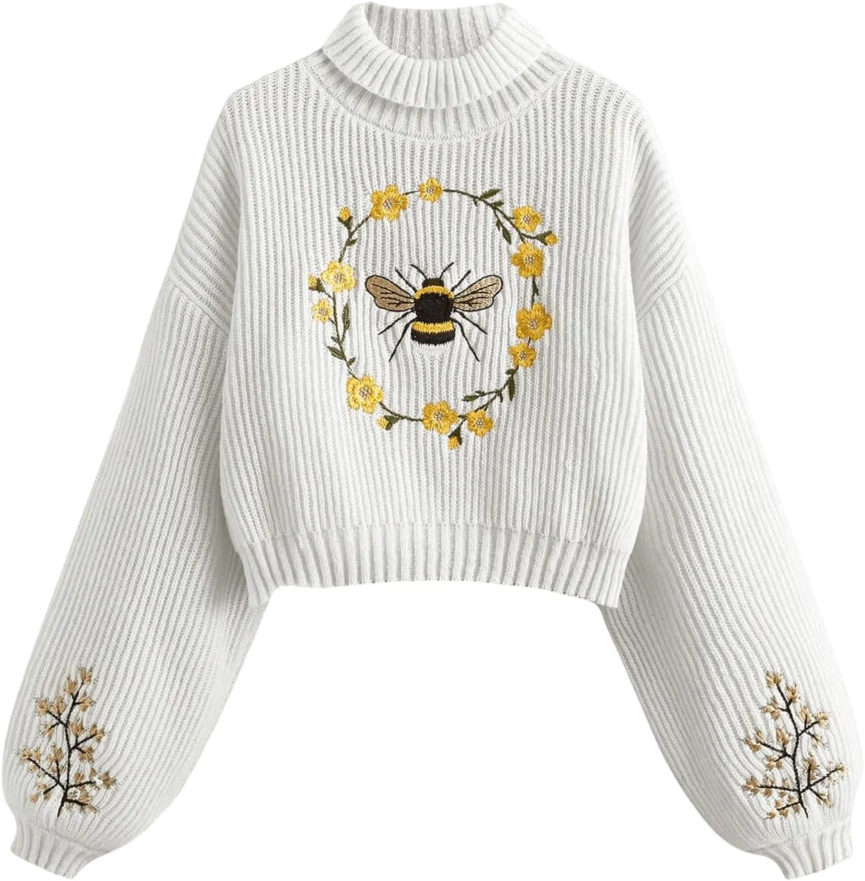 Women's Floral Embroidered Drop Shoulder Crop Sweaters Long Sleeve Turtleneck Knit Pullover
