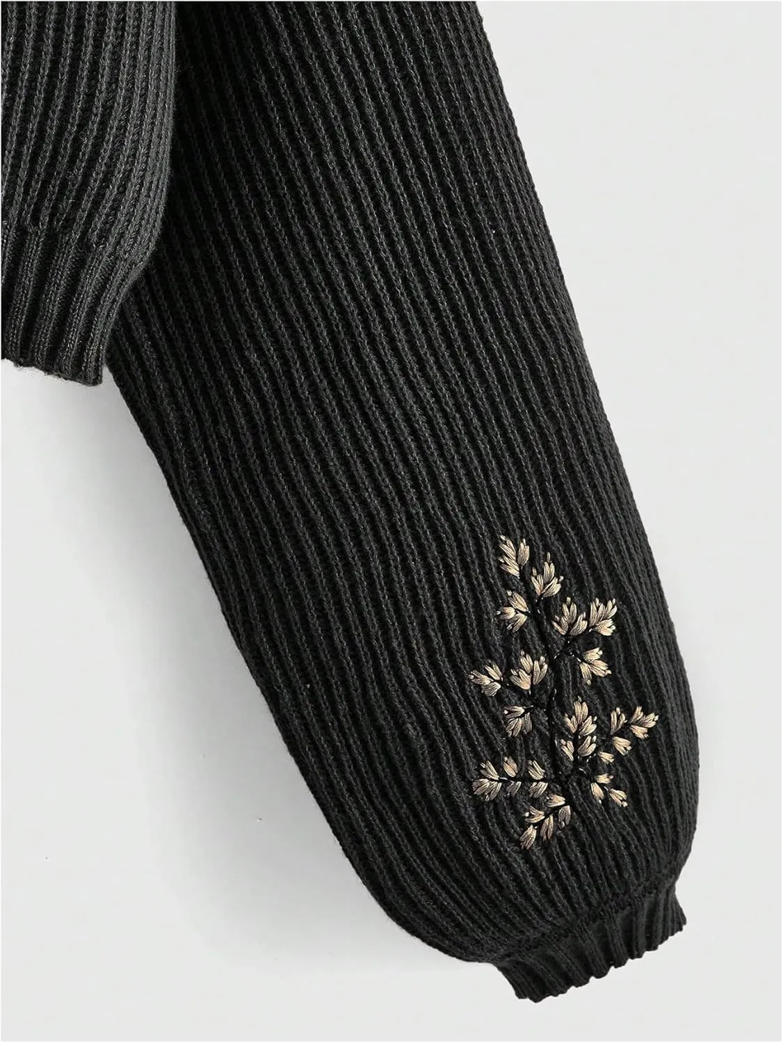 Women's Floral Embroidered Drop Shoulder Crop Sweaters Long Sleeve Turtleneck Knit Pullover