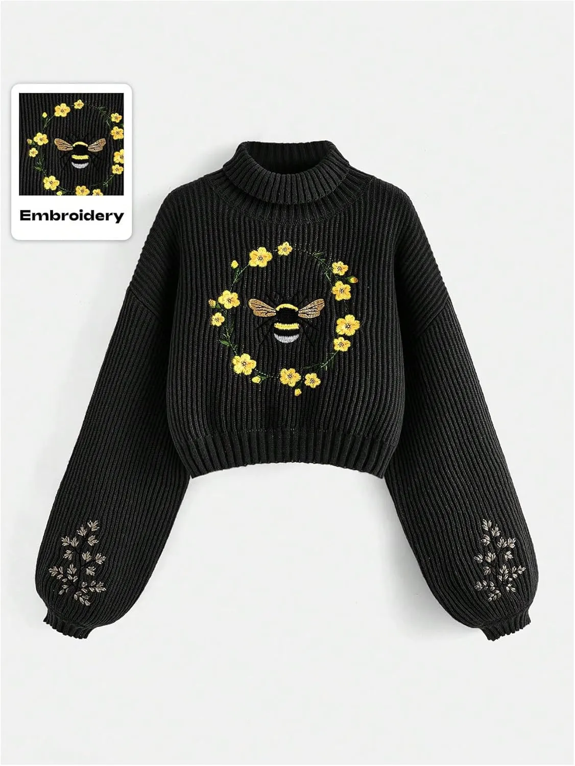 Women's Floral Embroidered Drop Shoulder Crop Sweaters Long Sleeve Turtleneck Knit Pullover