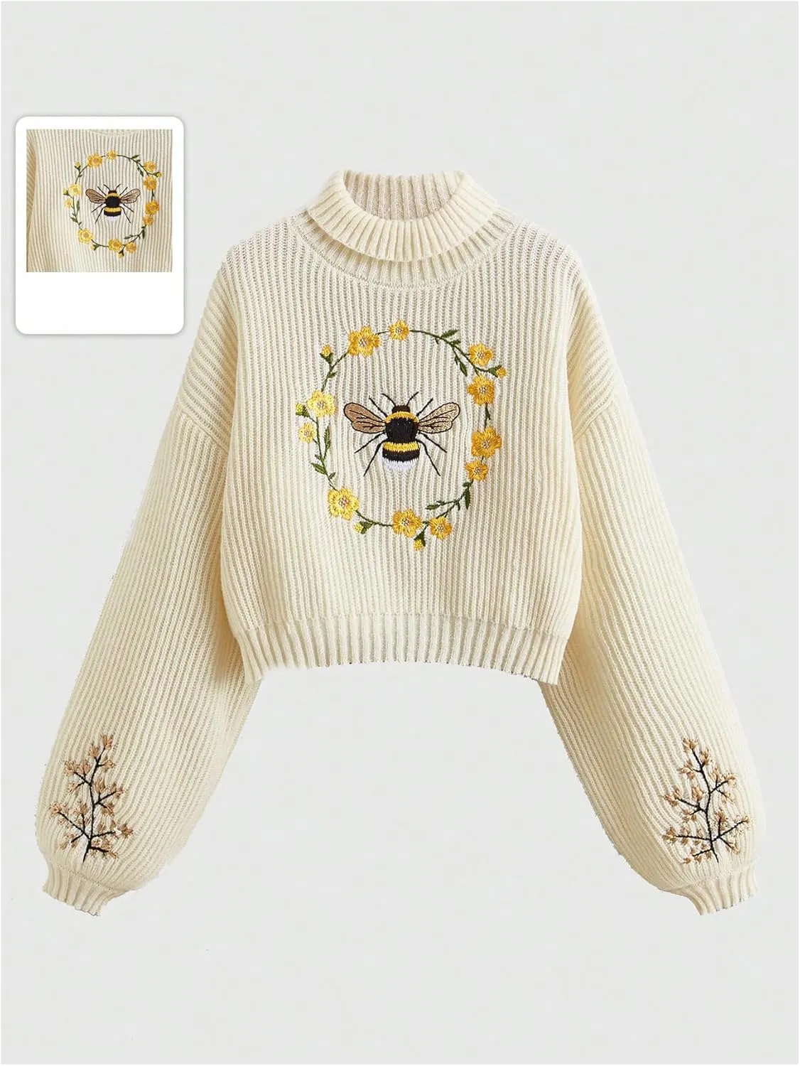 Women's Floral Embroidered Drop Shoulder Crop Sweaters Long Sleeve Turtleneck Knit Pullover