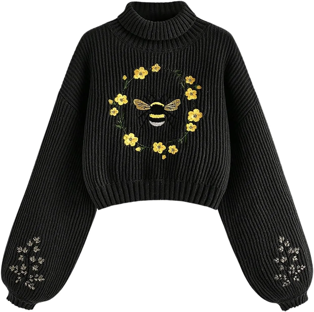 Women's Floral Embroidered Drop Shoulder Crop Sweaters Long Sleeve Turtleneck Knit Pullover