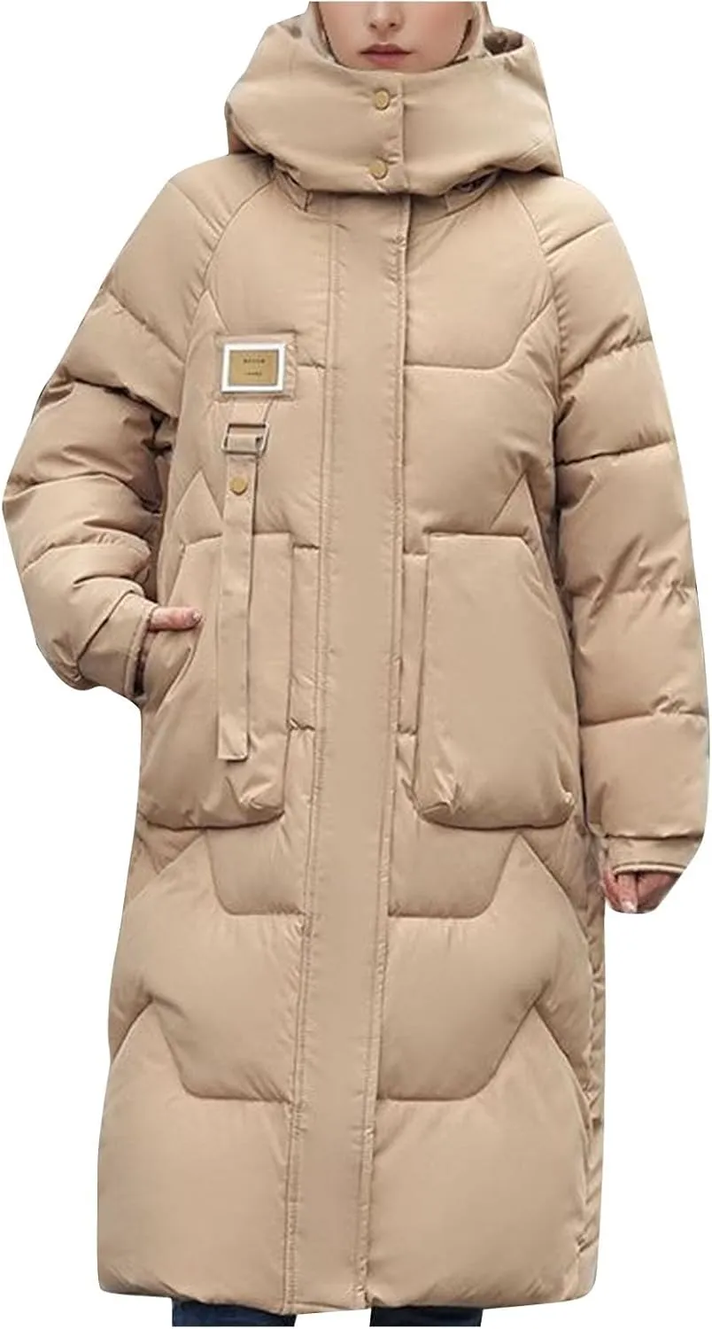 Women's Long Down Jacket Warm Winter Coat Hooded Puffer Jacket Thickened Outerwear Windproof Quilted Jackets Parka