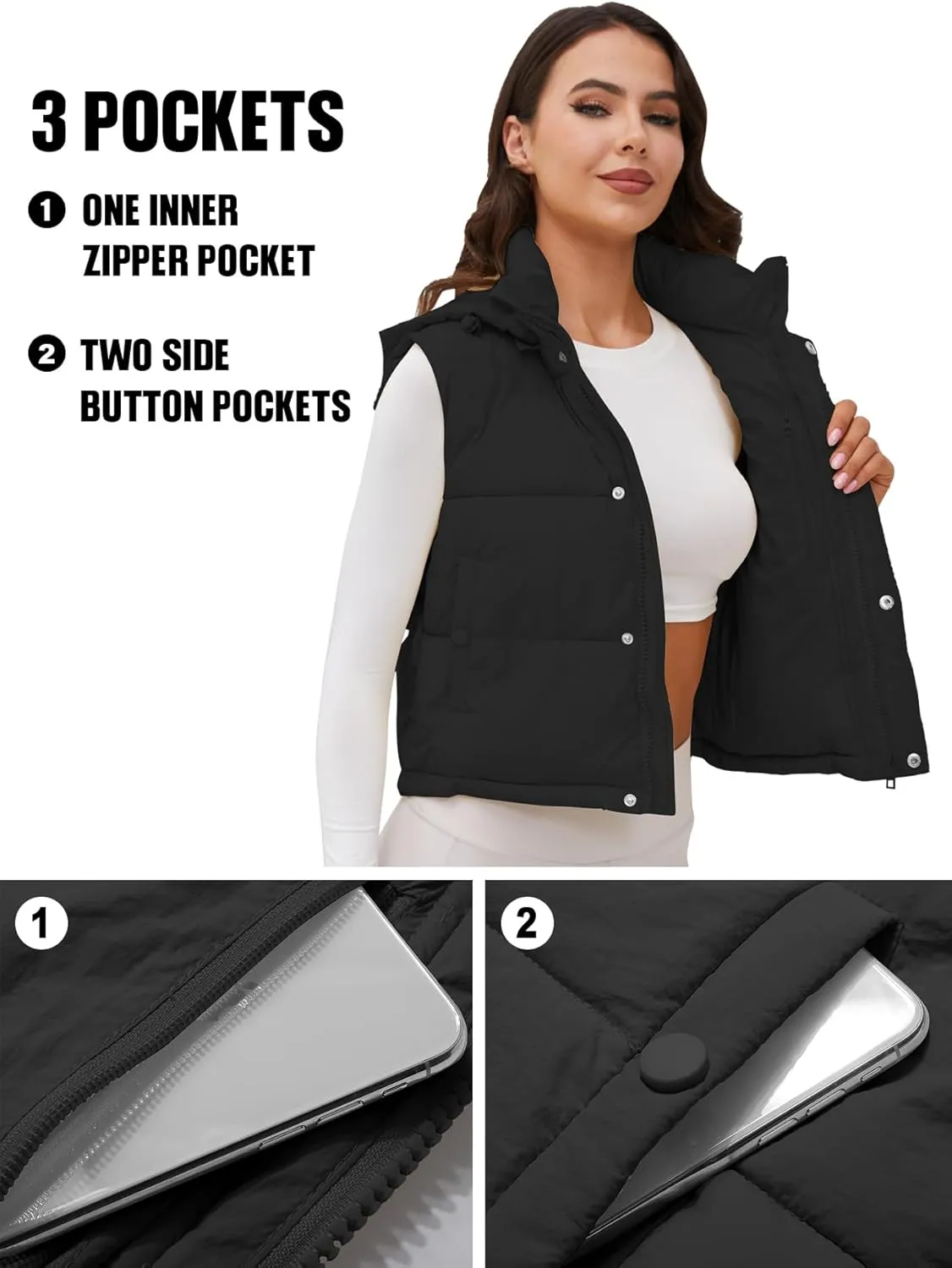 Women's Puffer Vest Hooded Button Down Zip Up Winter Outerwear Vests with Pockets