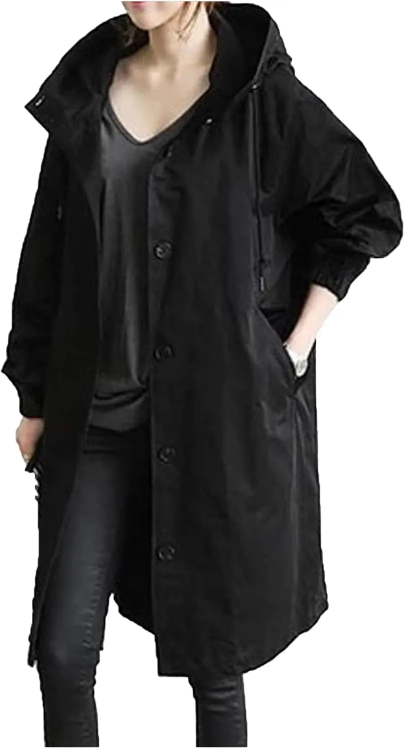 Women's Trench Coats with Hood Windbreaker Single Breasted Long Trench Coat Casual Classic Jacket Overcoat Outwear