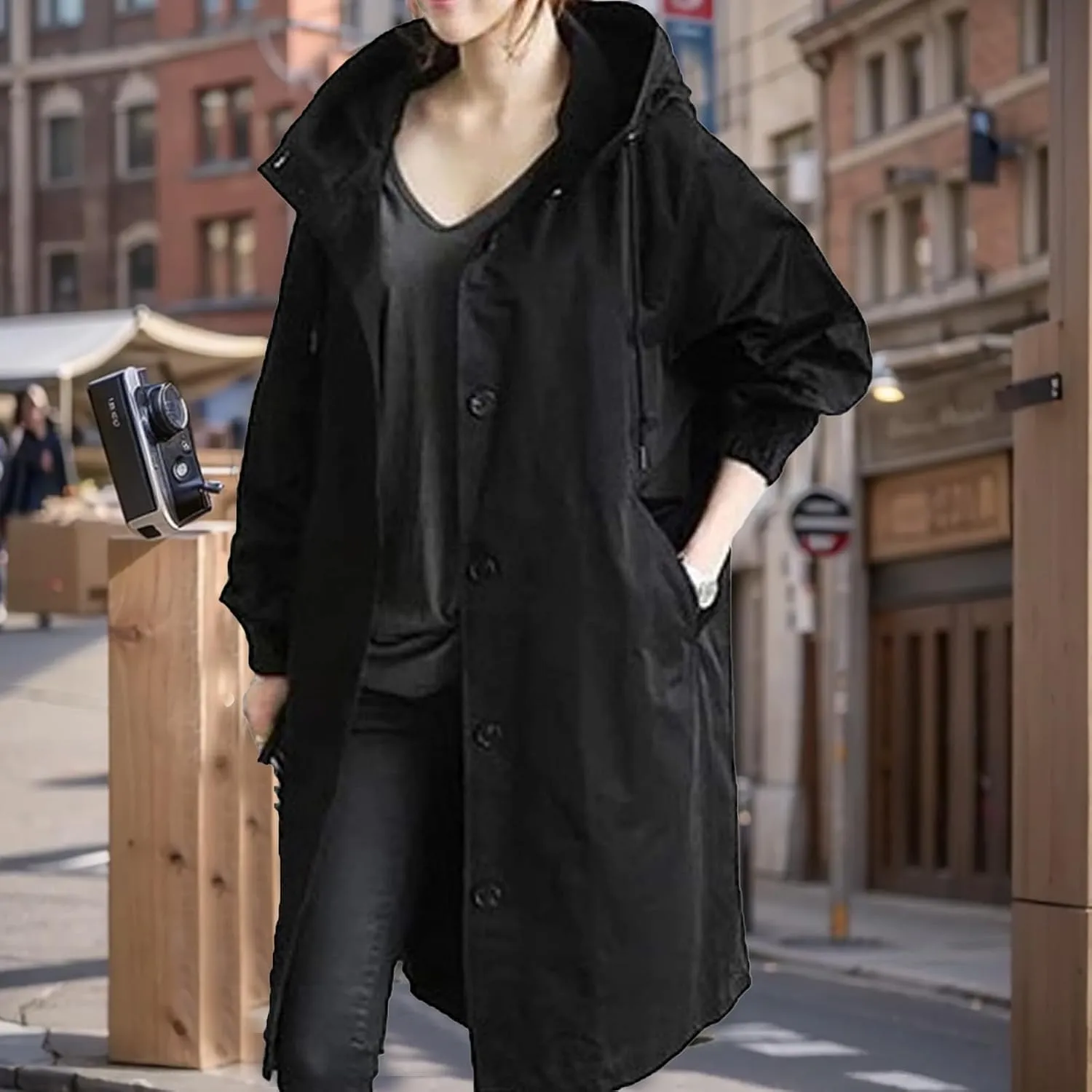Women's Trench Coats with Hood Windbreaker Single Breasted Long Trench Coat Casual Classic Jacket Overcoat Outwear