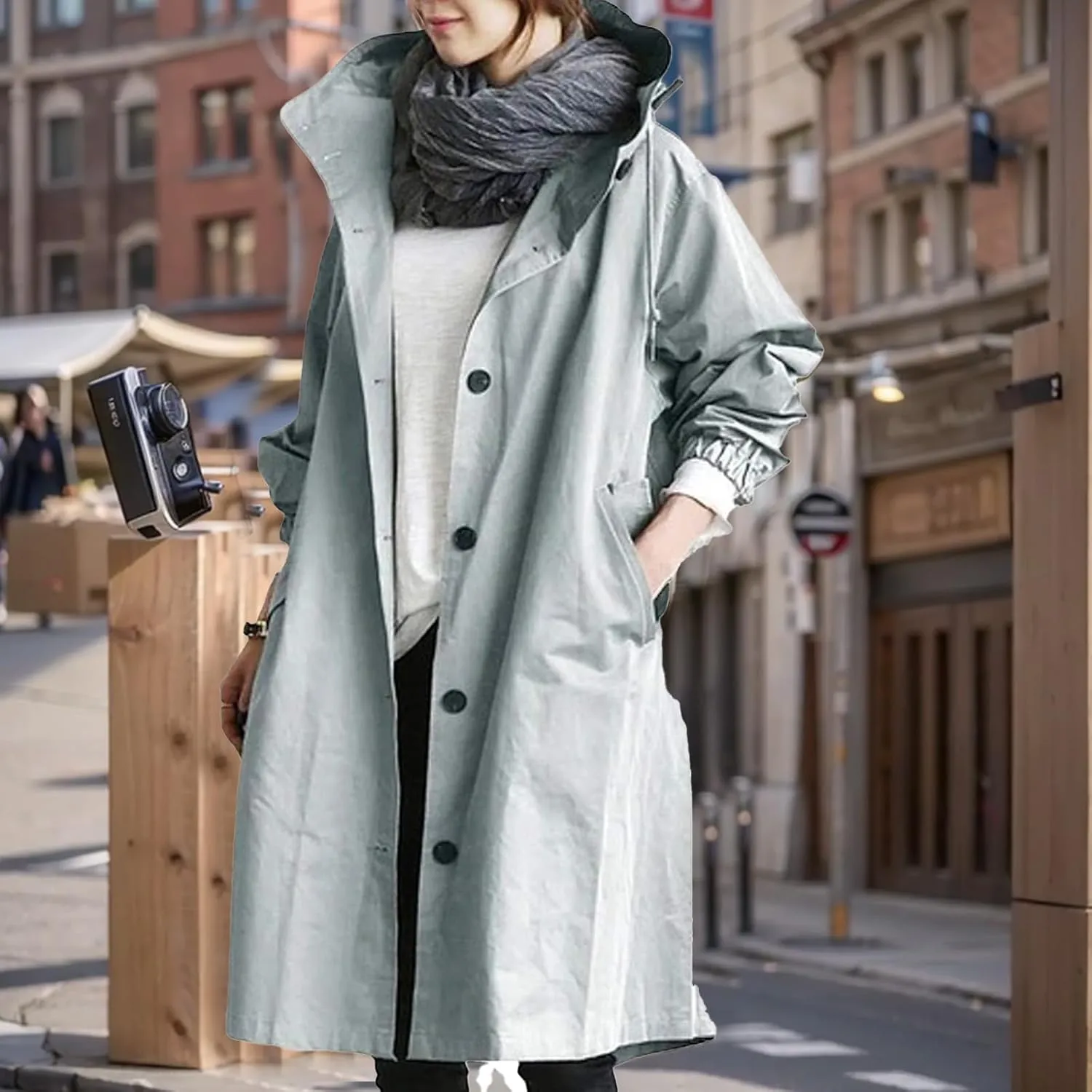 Women's Trench Coats with Hood Windbreaker Single Breasted Long Trench Coat Casual Classic Jacket Overcoat Outwear