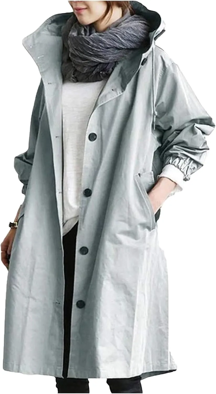 Women's Trench Coats with Hood Windbreaker Single Breasted Long Trench Coat Casual Classic Jacket Overcoat Outwear
