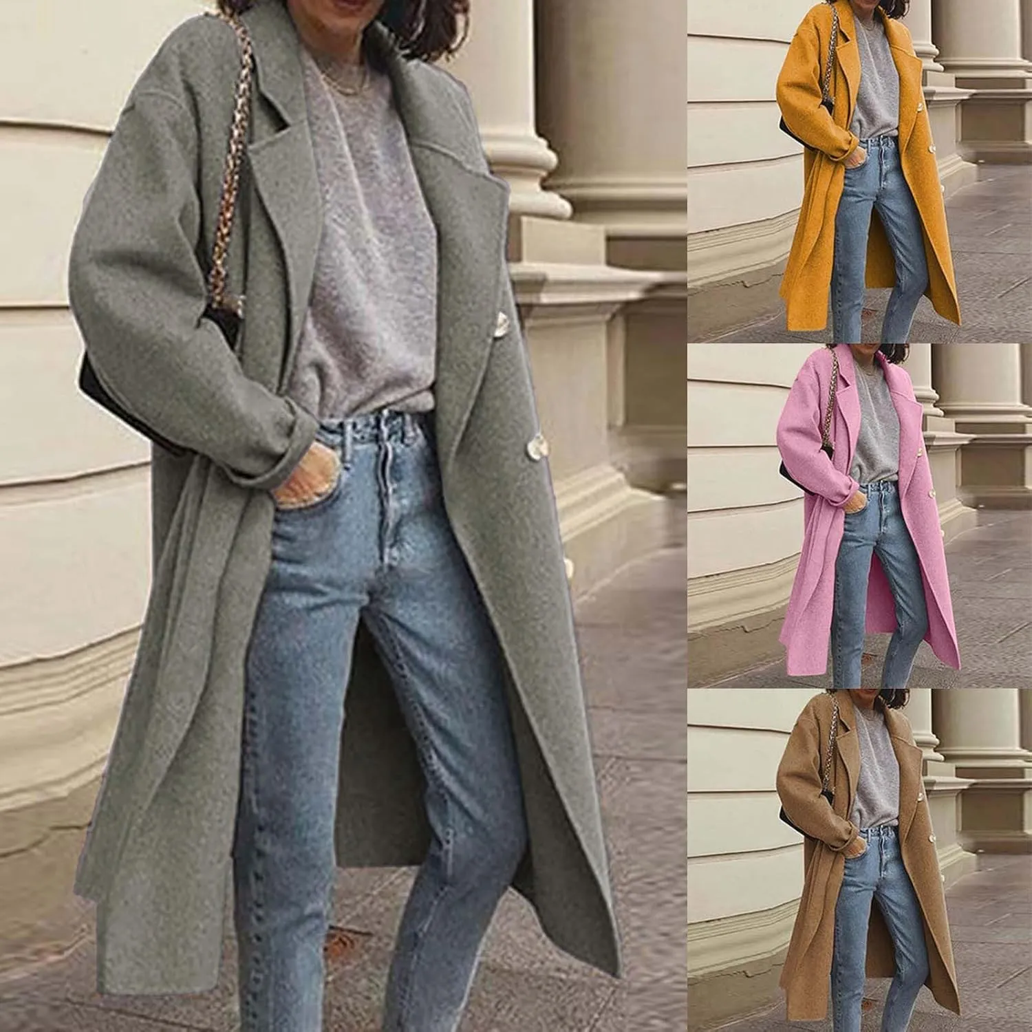 Wool Coats for Women Winter Mid-Long Notch Lapel Trench Coat Double-Breasted Classic Fitted Pea Coat Outwear