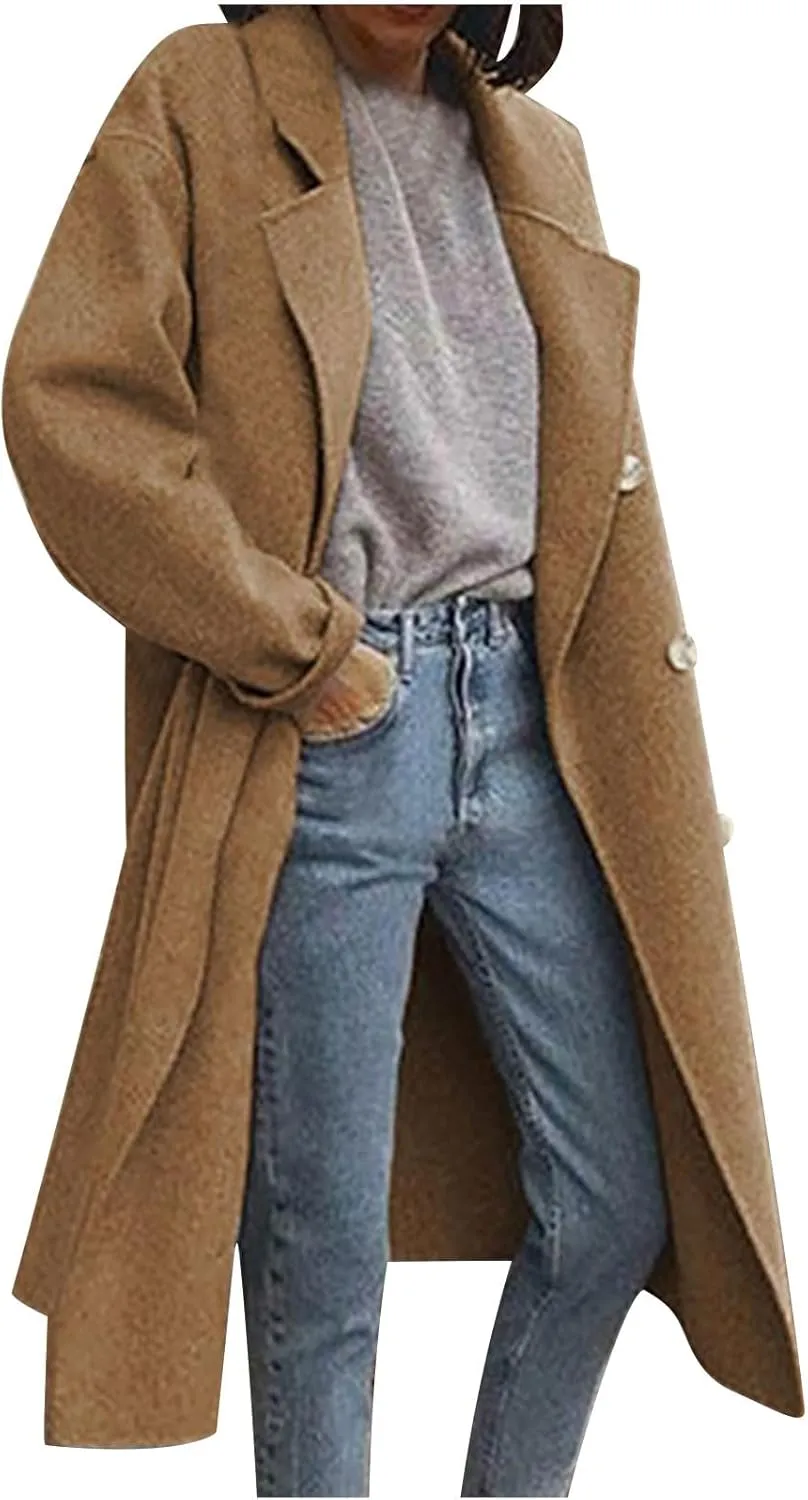 Wool Coats for Women Winter Mid-Long Notch Lapel Trench Coat Double-Breasted Classic Fitted Pea Coat Outwear
